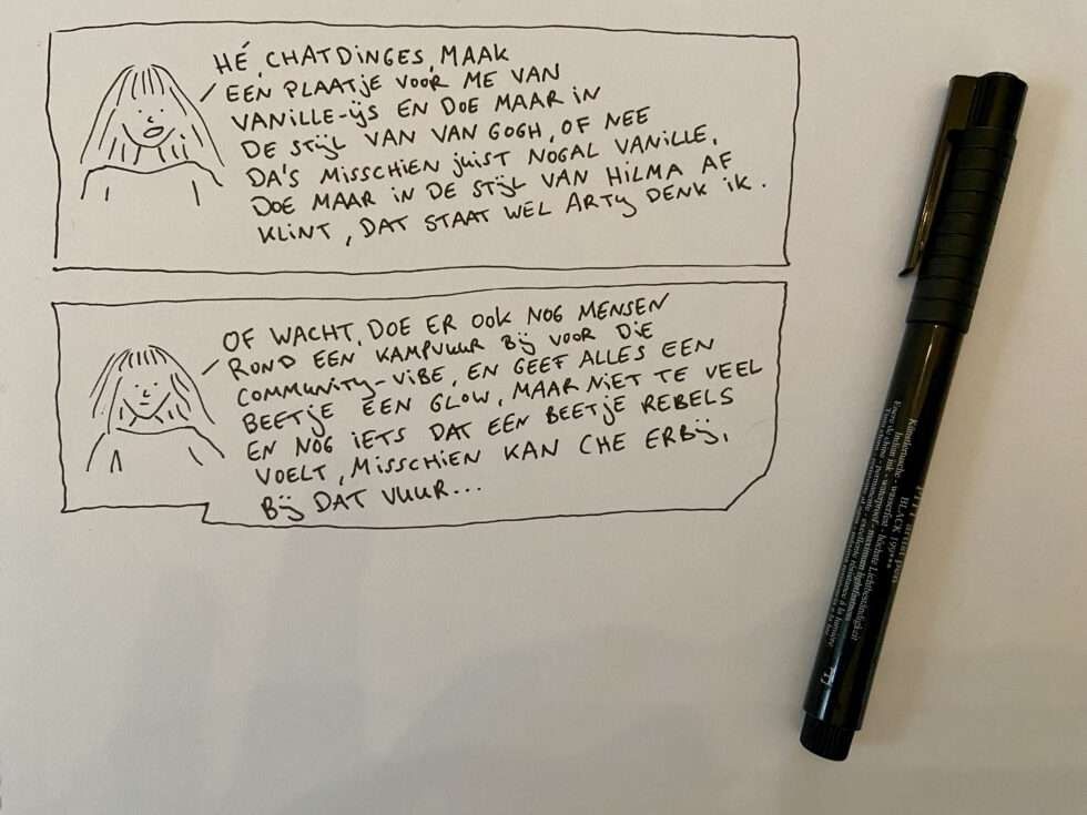 Twee tekeningen van een mini-strip. In de eerste zegt een poppetje “hé chatdinges, maak een plaatje voor me van vanille-ijs maar dan in de stijl van van Gogh, of nee, da’s misschien nogal vanille, doe maar in de stijl van Hilma af Klint, dat staat wel arty denk ik”

Op het tweede plaatje zegt hetzelfde poppetje “O, wacht, doe er ook nog mensen bij rond een kampvuur voor de community-vibe. En geef alles een beetje een glow, maar niet te veel. En nog iets dat een beetje rebels voelt, misschien een che erbij, bij dat vuur” 
