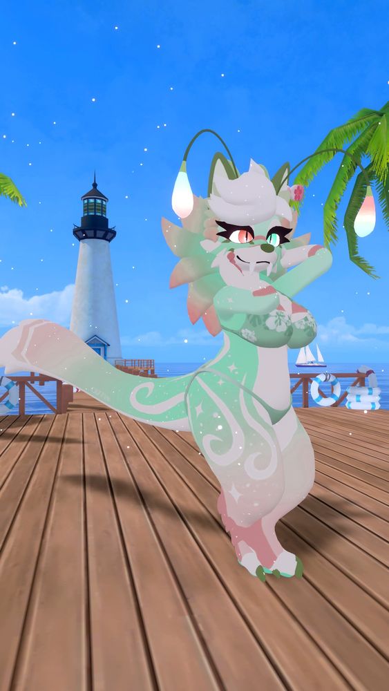A moontail on a beachside boardwalk in a bathing suit (although it's technically just underwear and a bra textured as such)
