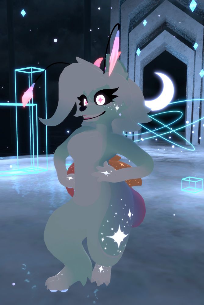 A cyan and white moontail with pink accents striking a pose on a similarly coloured background. Her name is Siesta