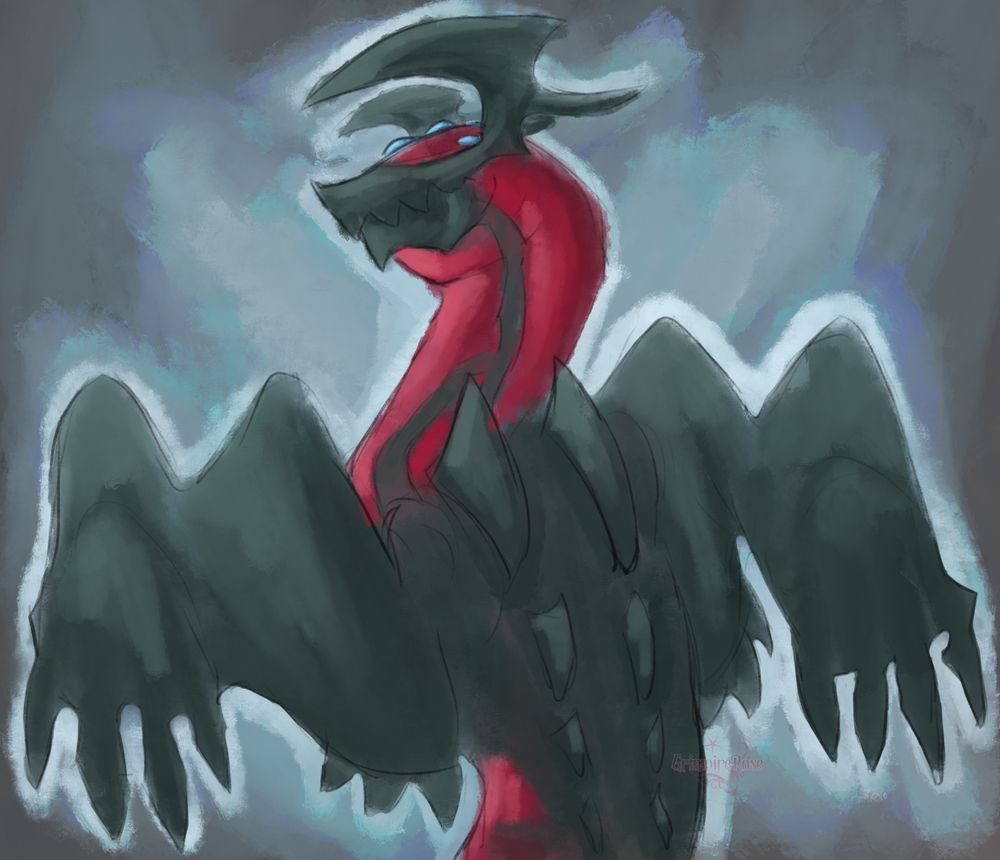 yveltal + regidraco fusion with multiple blue eyes on the head and dark gray as it’s primary color with scarlet on the underside 