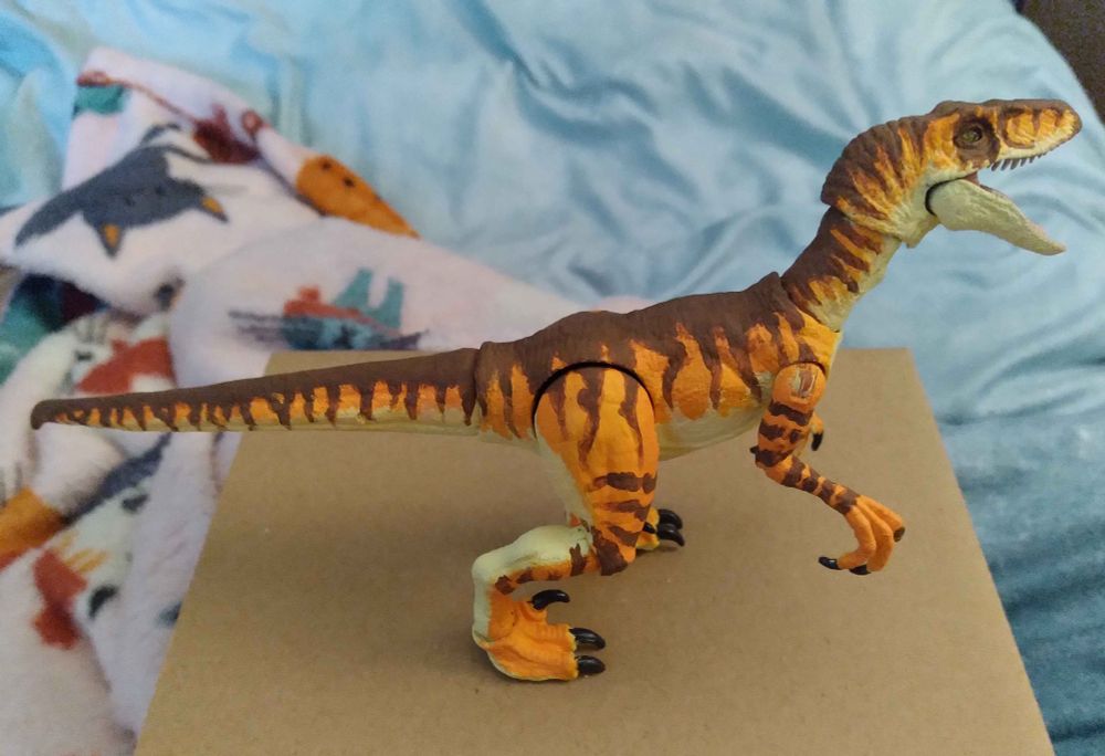 an orange raptor with dark brown stripes along the back, arms, and legs. It’s underbelly is a pale yellow and has yellow eyes