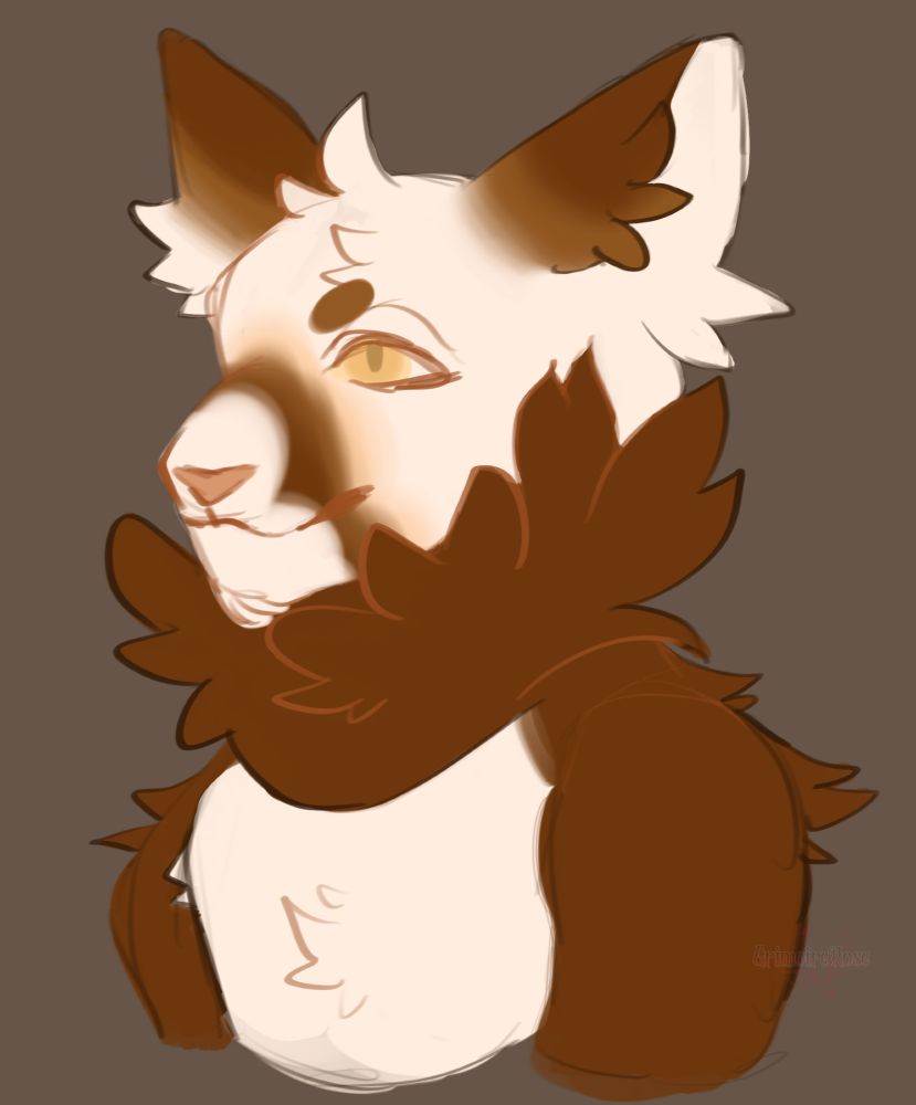 a white anthro cat with golden accents and chocolate colored fur
