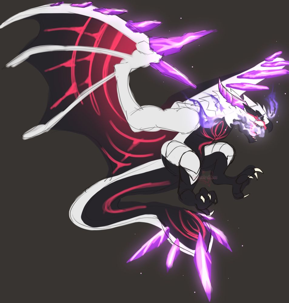 a silver and black colored rathalos with bright red markings and purple gleaming crystals. It’s emitting purple flames from its mouth 