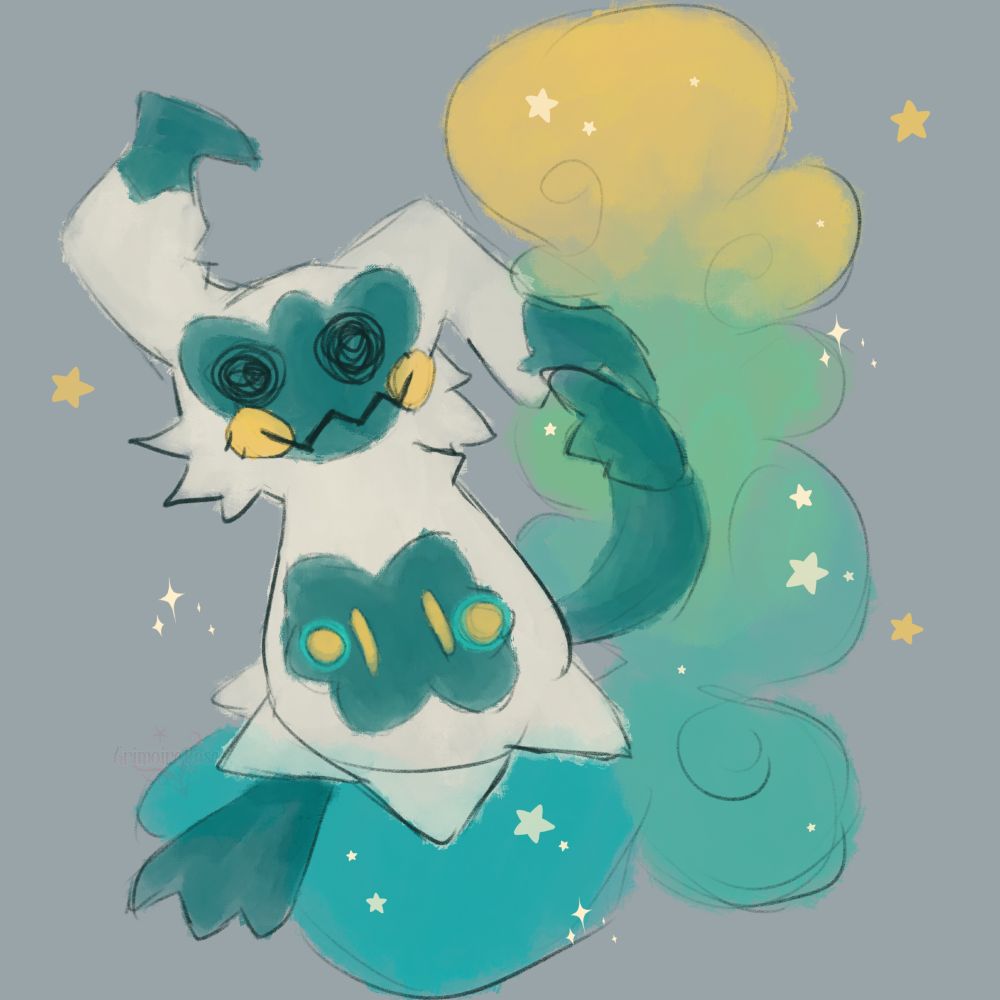 mimikyu + cosmog fusion that is pale yellow and has multiple shades of blue and teal on the arms and nebula cloud