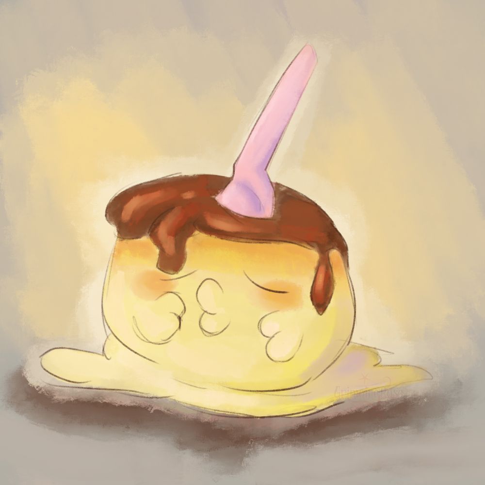 a flan based gulpin, it’s yellow with brown caramel sauce on its head and a pink spoon 