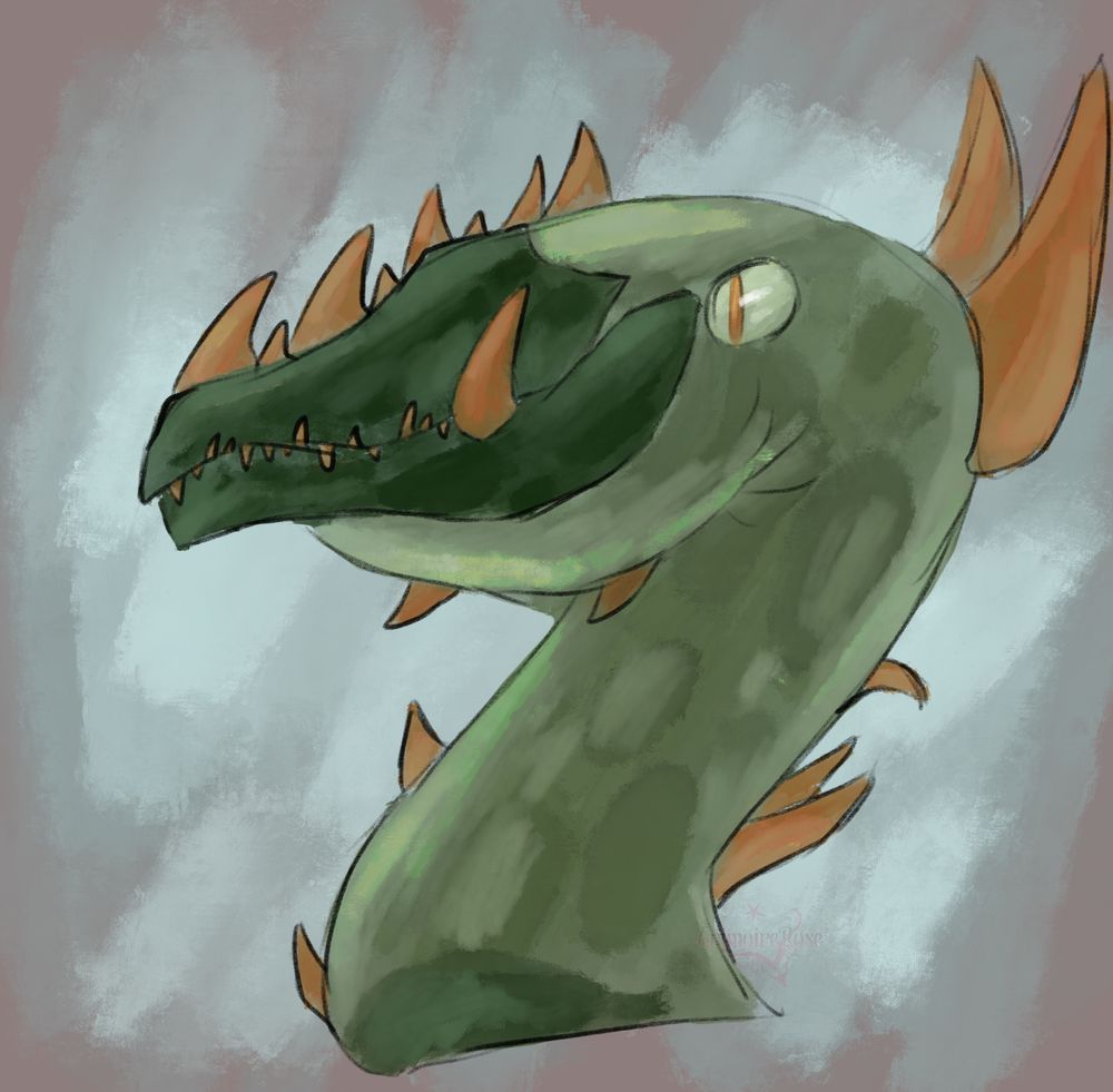 nightwalkingfae’s oc olundar. Green scales with dark green splotches on the neck and face. Also has muted orange thorns throughout the body