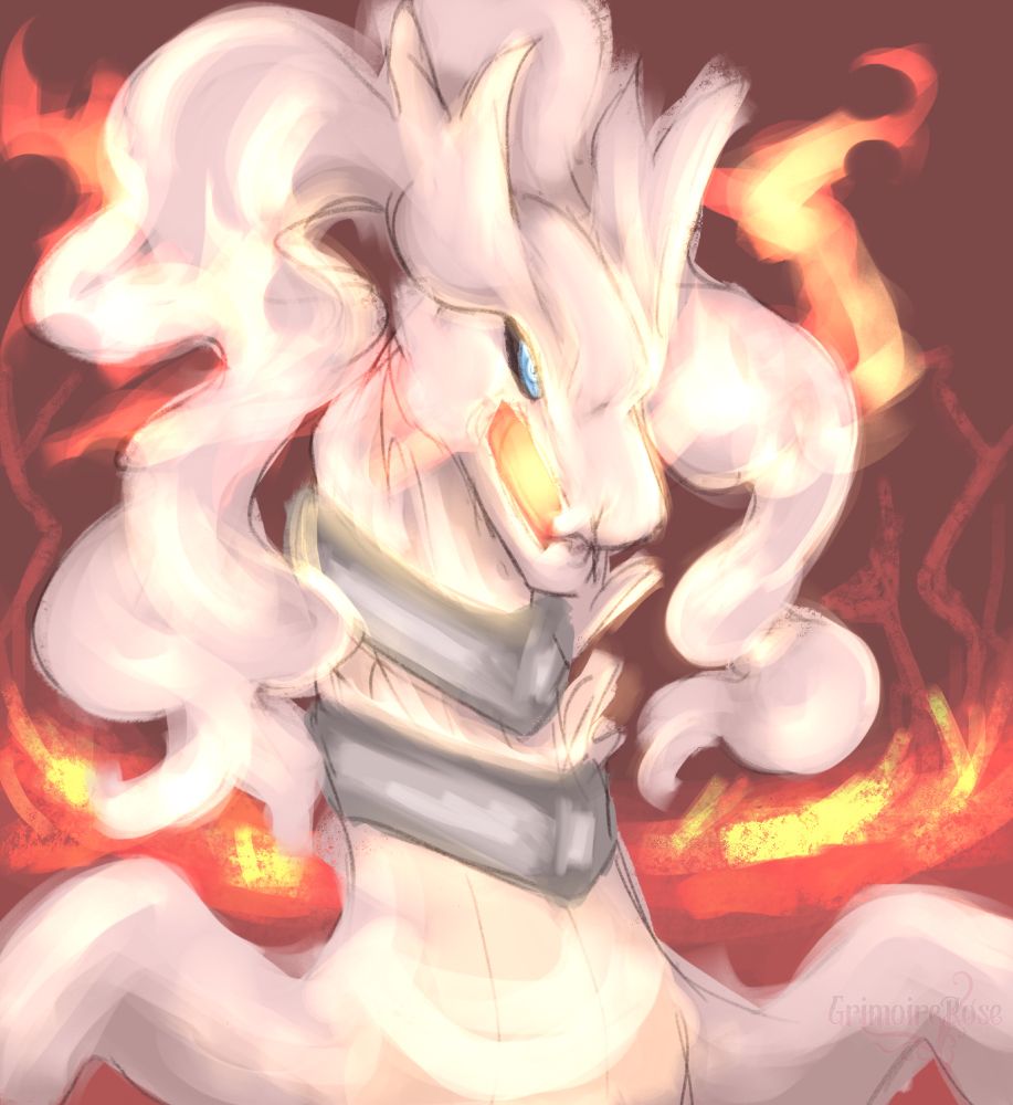 painting of reshiram with fire coming out of its mouth. The background is a field covered in fire with branches piercing towards the heavens