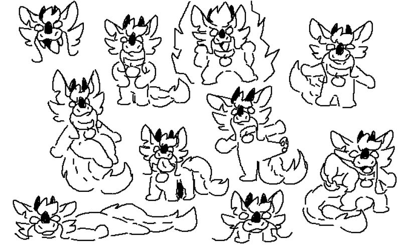 A collection of ten little dragon freaks in various poses.
1. just a head screaming a little bit
2. balancing on its tail
3. laying down on the floor and looking at the viewer
4. standing withs its paws on its tummy
5. standing on all four legs, sticking its tongue out
6. charging up energy like a Dragon Ball character
7. making a big steppy
8. a small head with two legs
9. just a guy standing there
10. a guy who is reaching toward you and is going to Grab