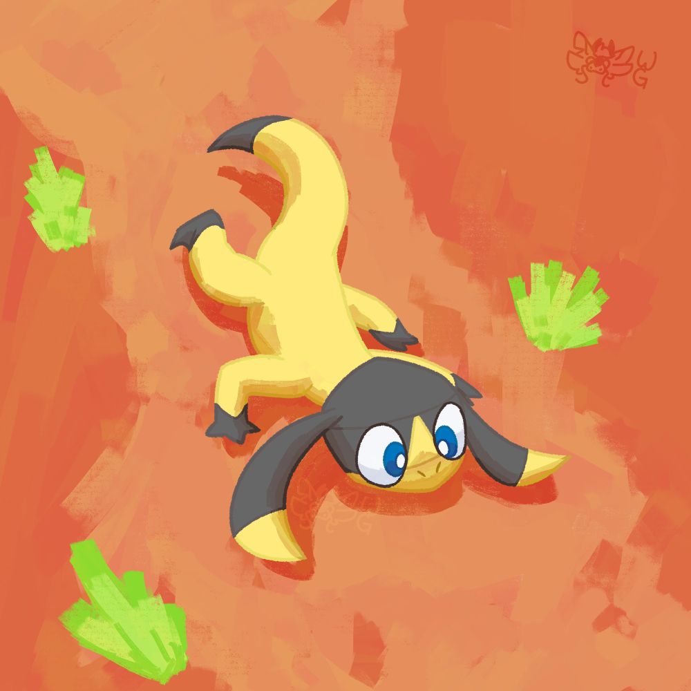 A Helioptile (yellow and gray lizard) crawling across red desert sands with tufts of yellow-green grass near it.