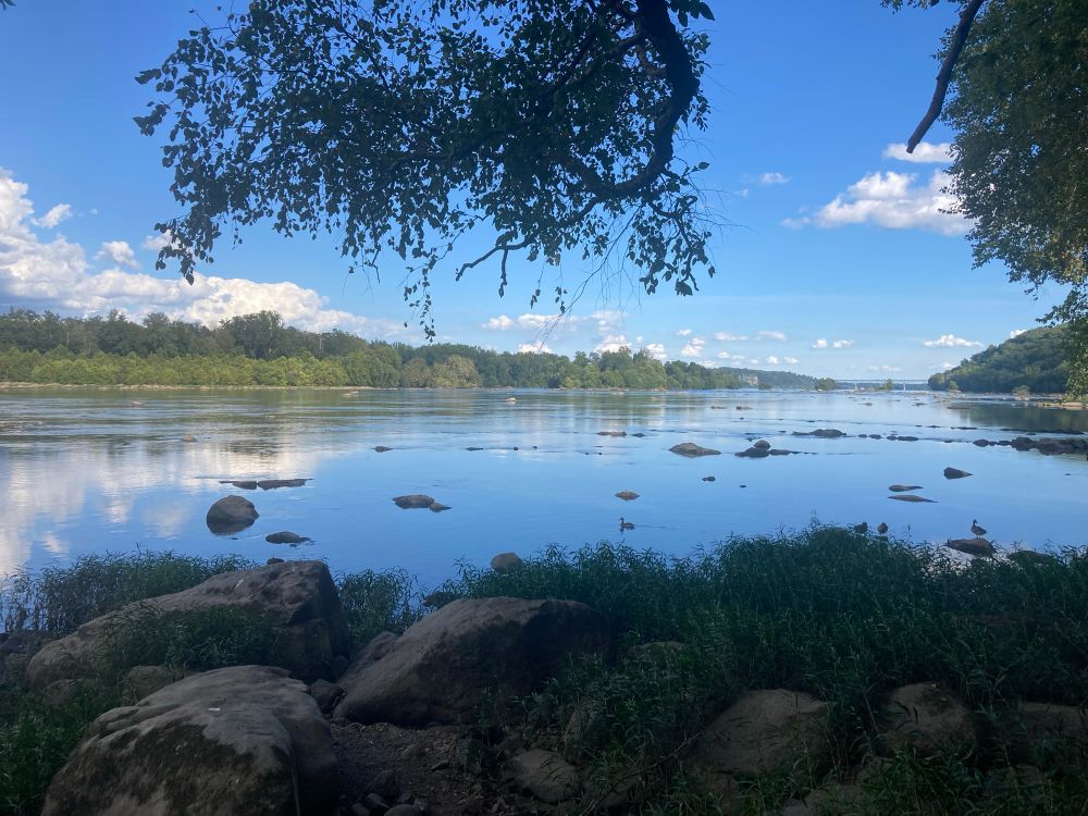 View of calm river from rocky shoreline