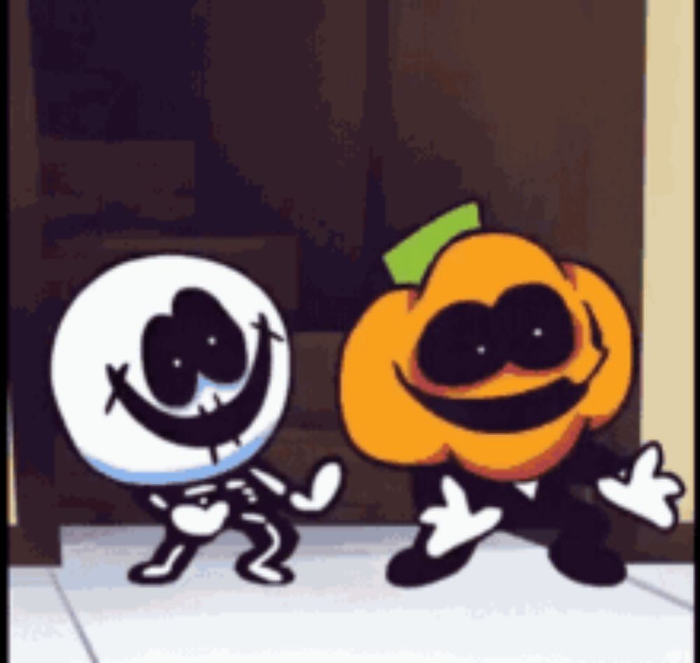 a skeleton and a pumpkin are dancing together in a hallway .