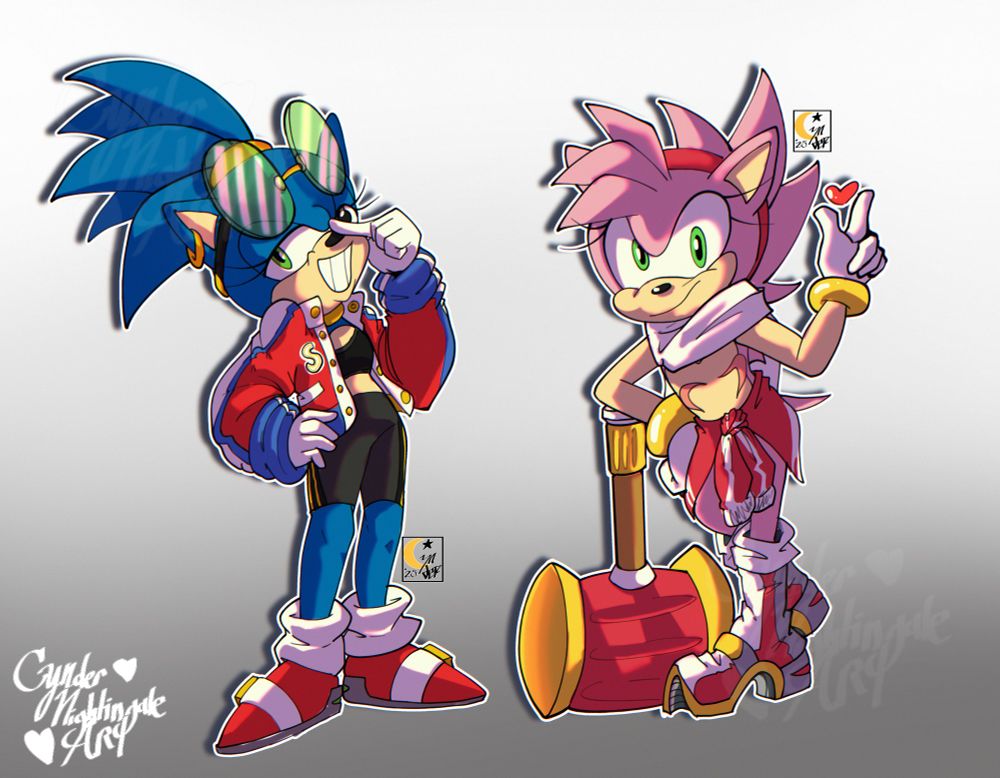 Illustration of a Trans Girl Sonic the hedgehog standing beside a Trans Masc Amy Rose

Sonic Is wearing cropped yoga pants, sports bra and a red bomber jacket. Her hair is in a ponytail, bounded together with a gold ring. 

Amy is wearing a large white scarf, his hair is spiked upwards now and his boots now have the soles of SOAP shoes and a red hoodie is tied around his waist