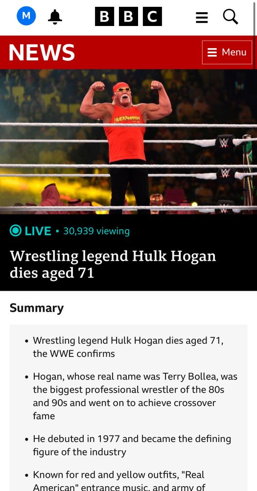 Live stream BBC story on “Wrestling legend Hulk Hogan dies aged 71”