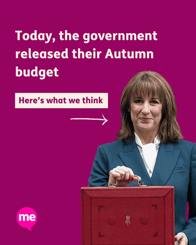 A pink graphic with a photo of the chancellor Rachel Reeves in a Navy blazer, she is smiling whilst holding up a red brief case. The cream text says 'Today, the government released their Autumn budget. Here’s what we think'