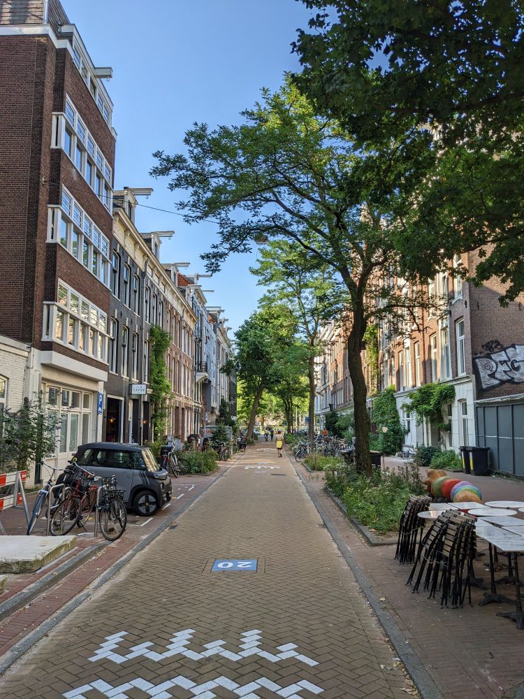 Eine neu gestaltete Wohnstraße in Amsterdam. Oberfarbender Pflaster samt einem Stein mit einer 20 drauf, viel Grün, weniger Autoparkplätze 