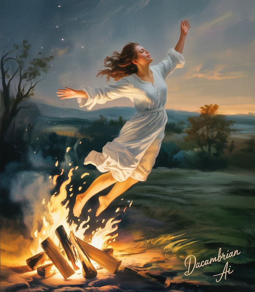 An illustration of a woman gleefully jumping over a fire