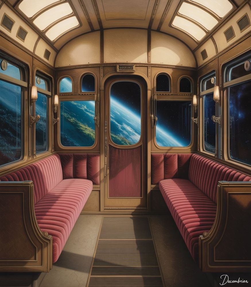 An illustration of a luxury train car in space