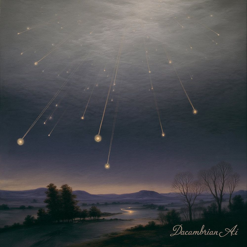 An illustration of streaks of light over a twilight landscape 