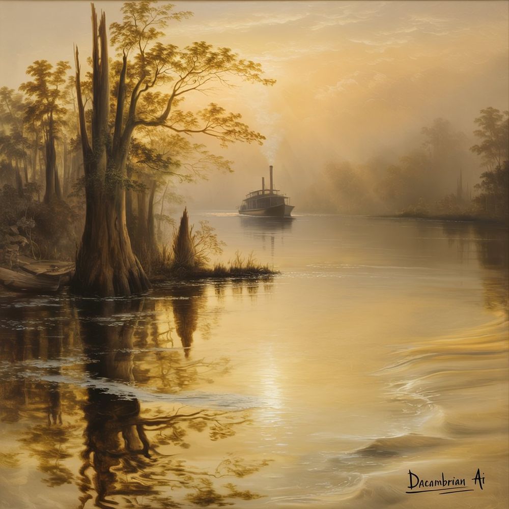 An illustration of a river scene. There is a riverboat in the distance