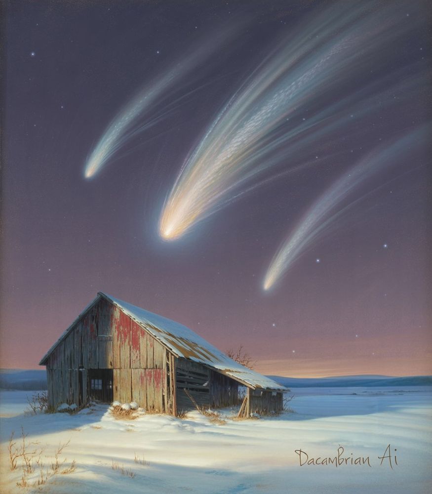 An illustration of comets passing by an old barn
