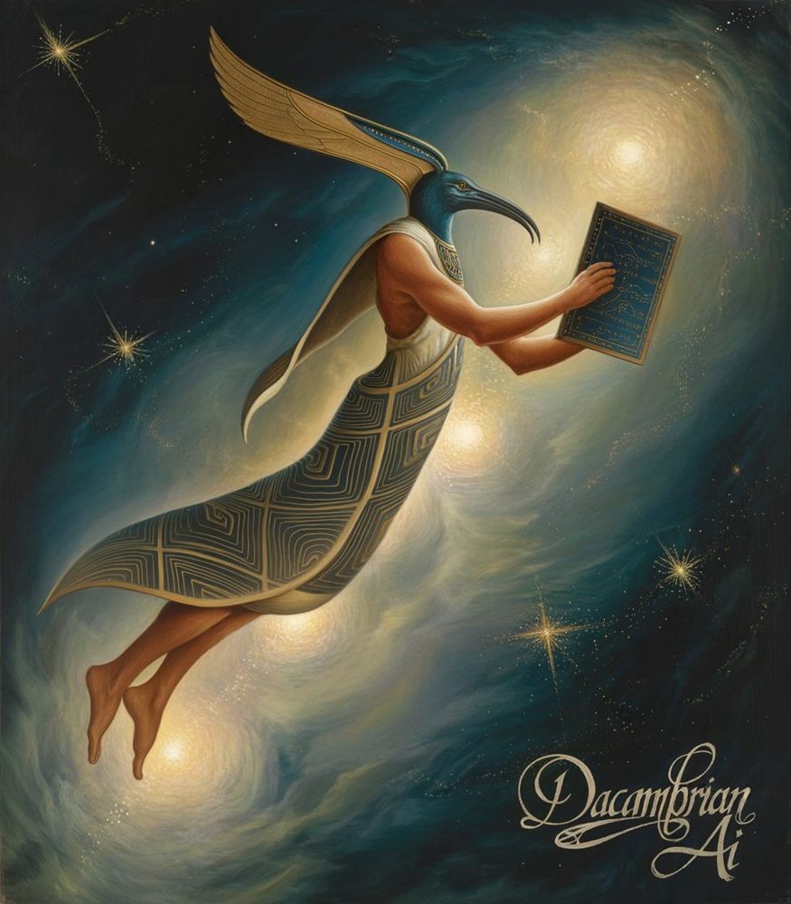 An illustration of the ancient god Thoth in space holding a book