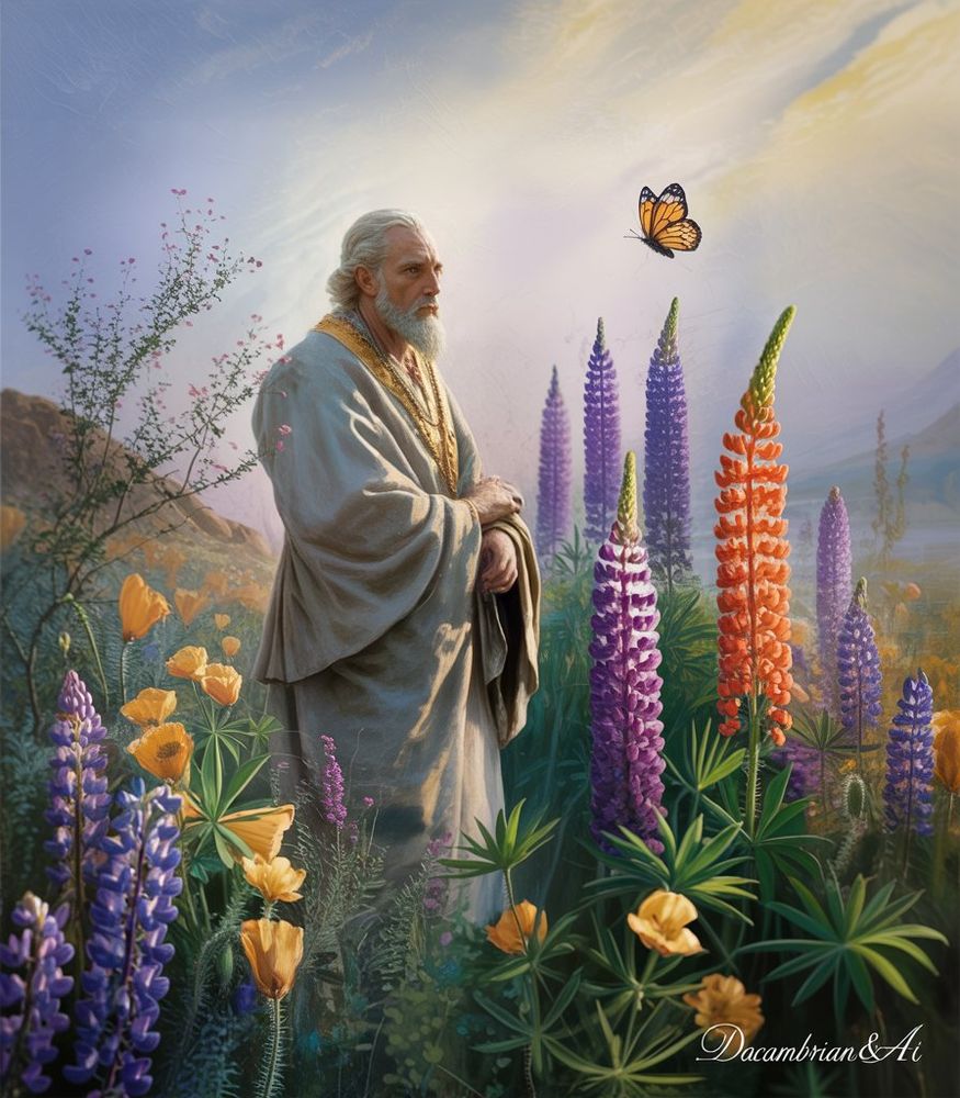 An illustration of a man standing amongst flora and nature