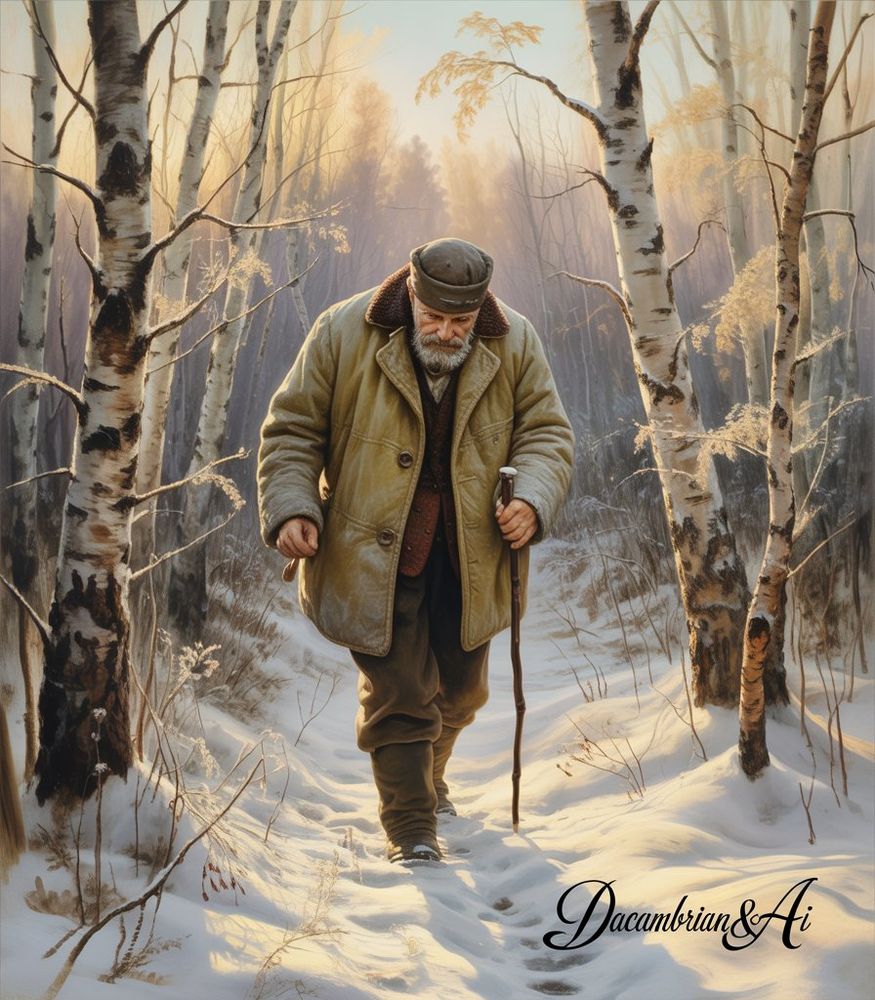 An illustration of an older fellow walking on a forest path