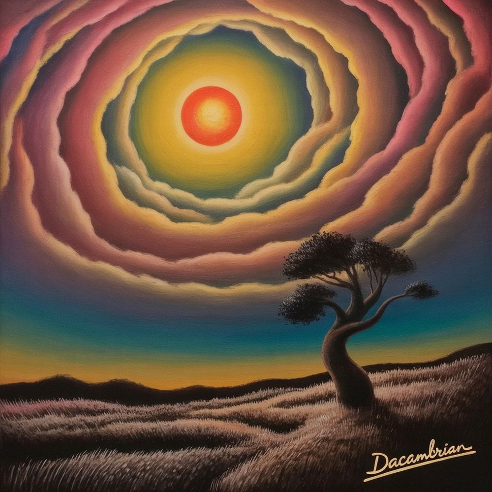 an illustration of a tree in a field and a colorful cloud formation surrounding a sun