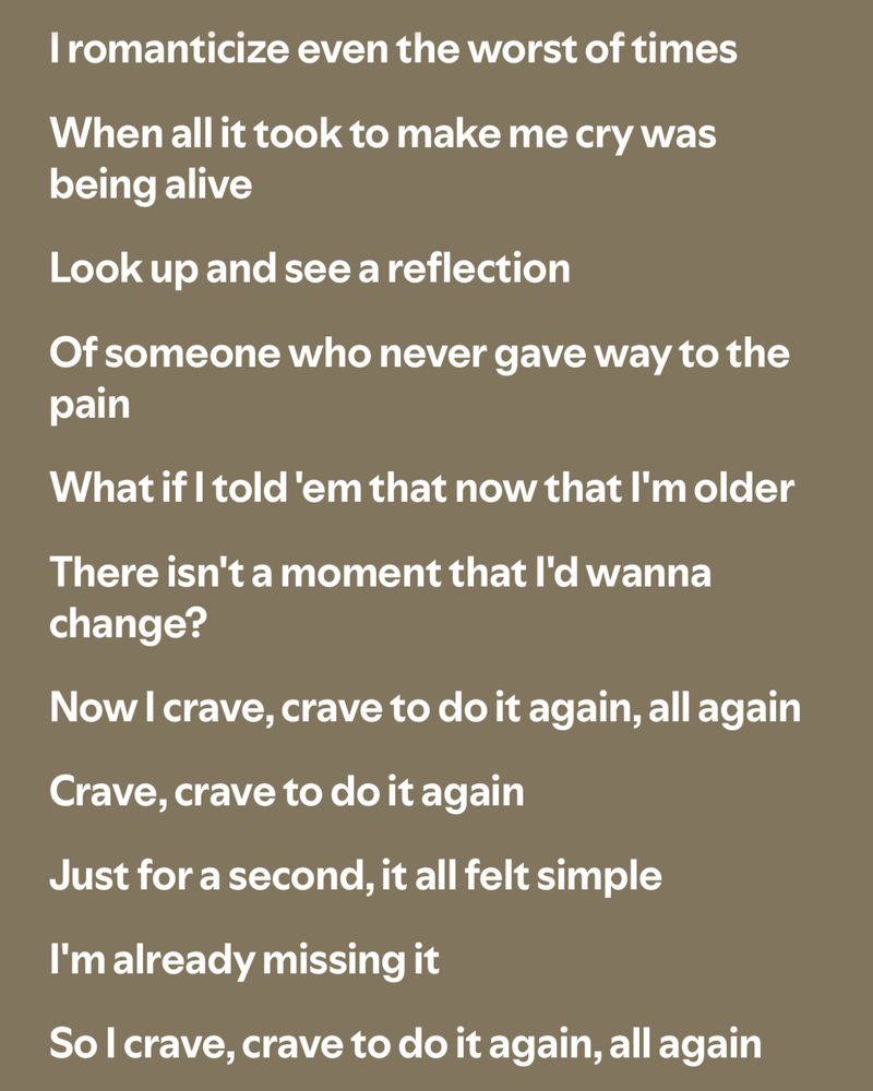 Crave by Paramore lyrics, reading:

I romanticize even the worst of times
When all it took to make me cry was being alive

Look up and see a reflection
Of someone who never gave way to the pain
What if I told ‘em that now that I’m older
There isn’t a moment that I’d wanna change? 

Now I crave, crave to do it again, all again
Crave, crave to do it again
Just for a second, it all felt simple
I’m already missing it
So I crave, crave to do it again, all again