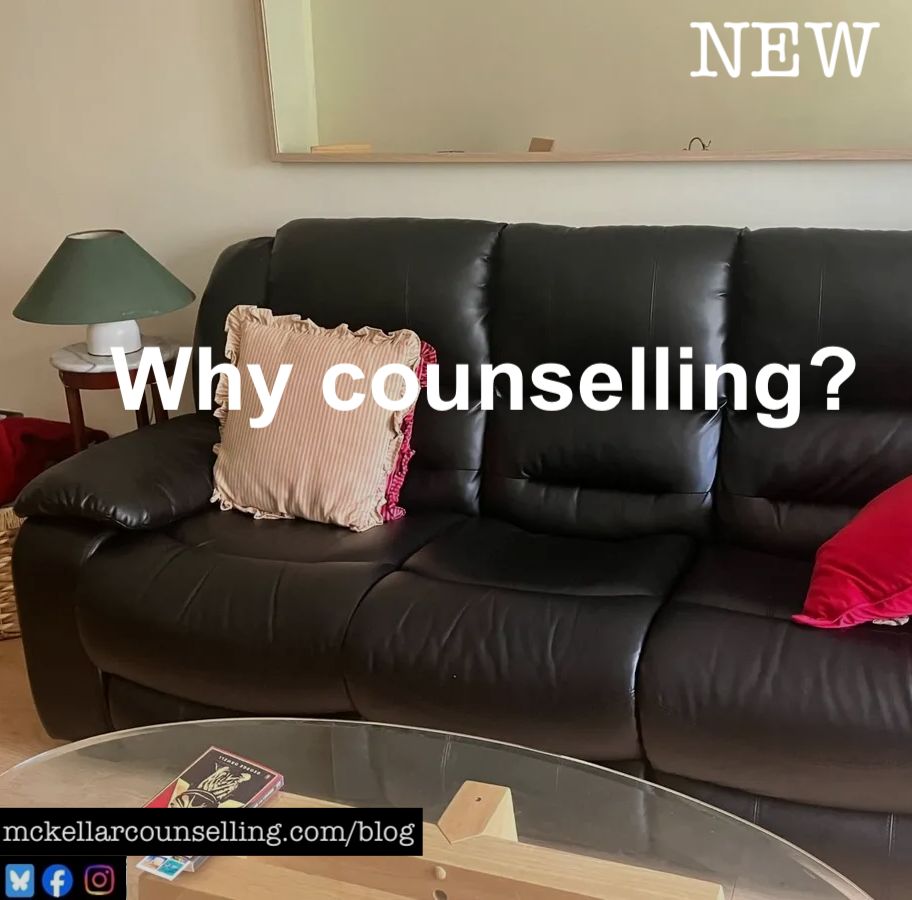A picture of a counselling couch with the words "Why counselling?" in front of it. It it the latest weekly counselling blog from Mckellar Counselling.