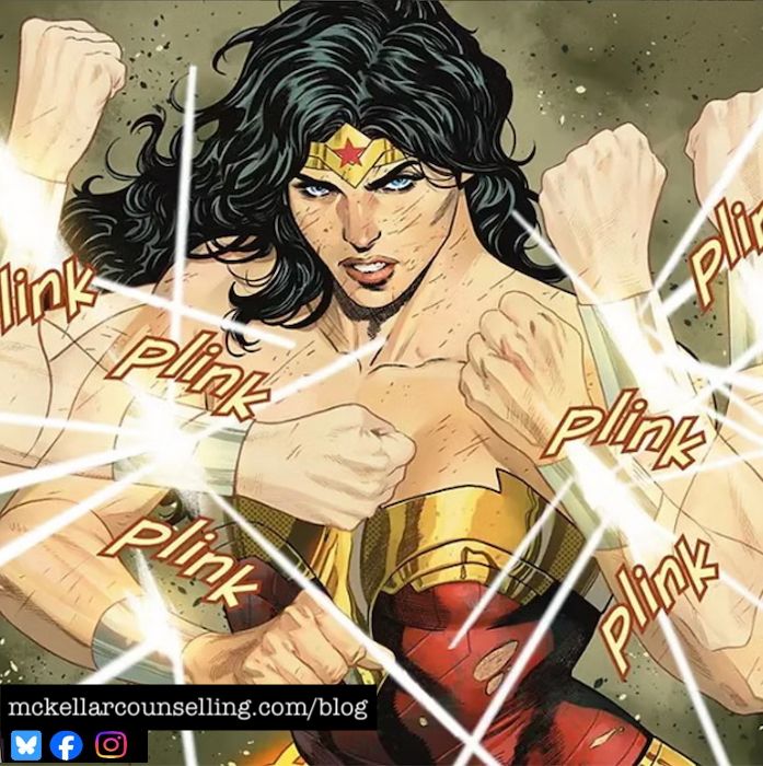 Legendary superhero Wonder Woman uses her unbreakable bracelets and speed of the gods to deflect bullets as they are fired at her.