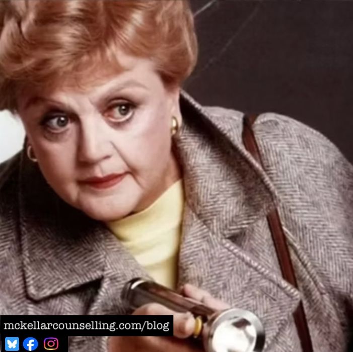 Jessica Fletcher from Murder She Wrote is pointing a flashlight while she is investigating one of the many many murders she gets involved with.