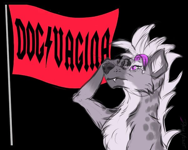 Dark Violet saluting a flag that reads 'Dog Vagina' in the AC/DC font.
That is all.
Original idea/panel by Ben Ward for One Giant Hand.