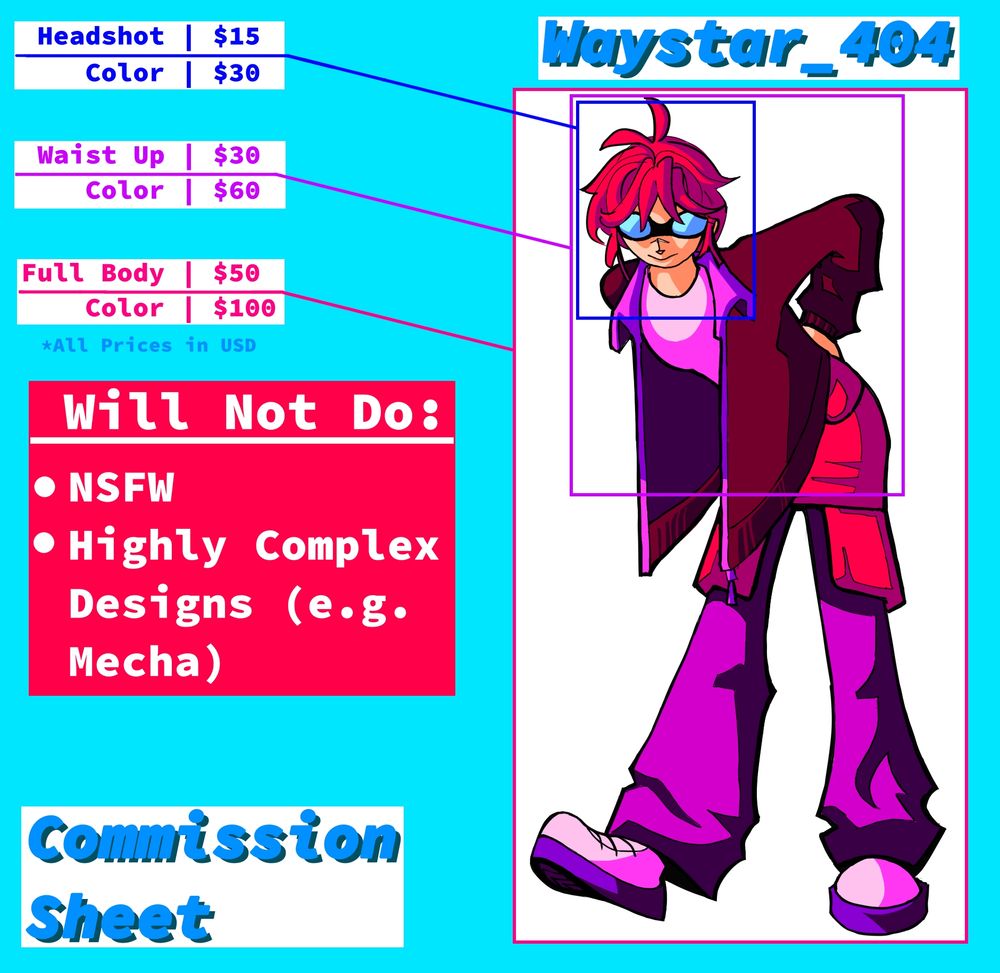 A commission sheet created by waystar_404, prices for line art are as follows: $15 for a headshot, $30 for a waist-up drawing, and $50 for a full body drawing. if a buyer wants the drawing in color, the price is doubled.
