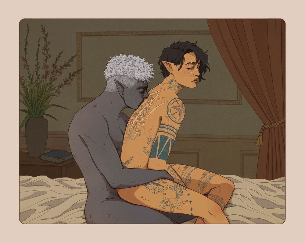 Drawing of a drow kissing his tattooed half-elf partner's scarred back.