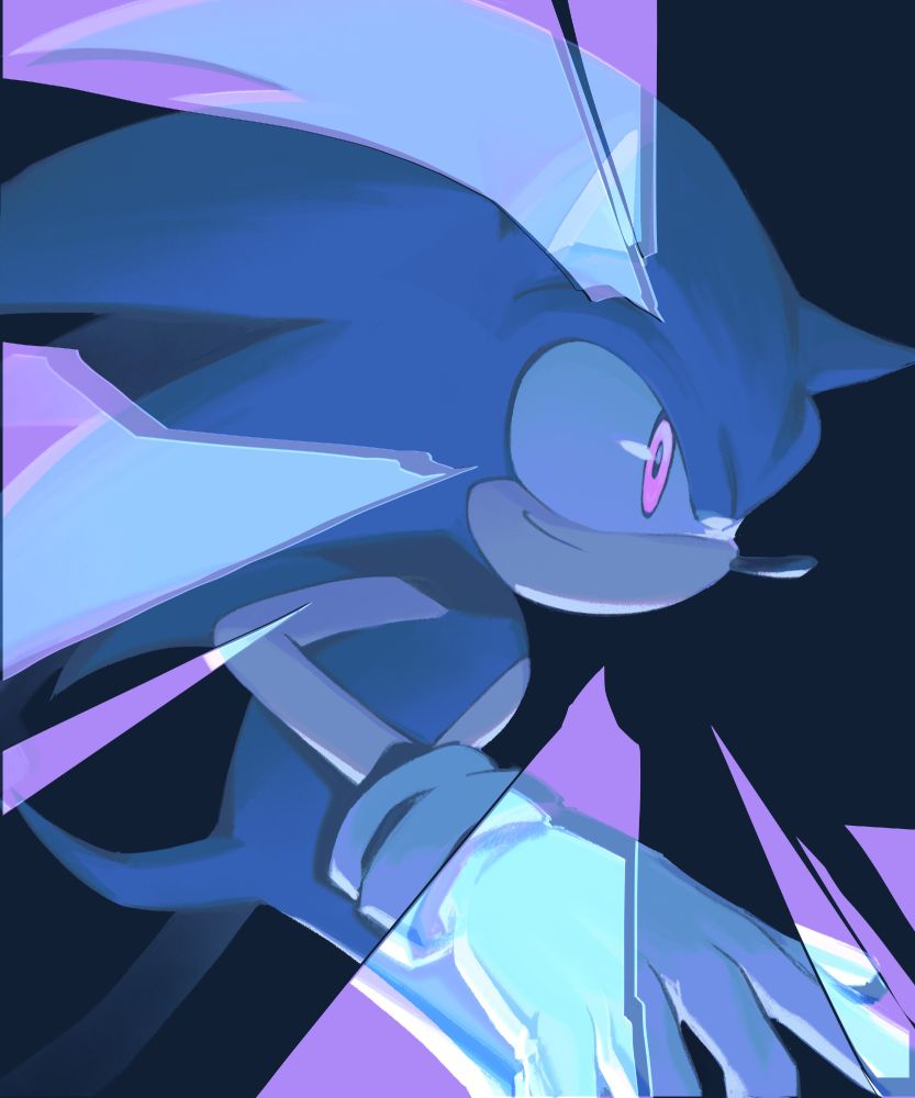 An illustration of sonic the hedgehog with bright magenta eyes. It looks like reality is breaking around him with glass-like shards giving the body parts seen through them a glitchy effect.