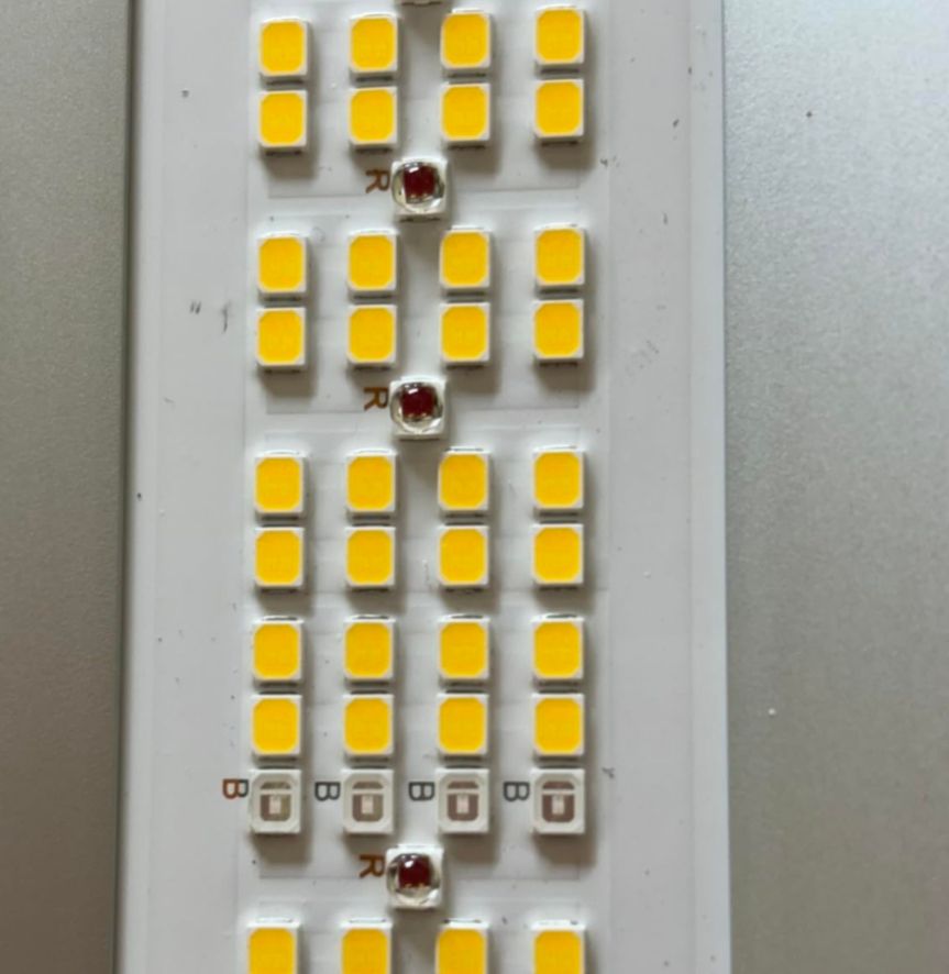 Close up view of LED panel with 3 different LED types. One full spectrum, one far red, and one deep blue