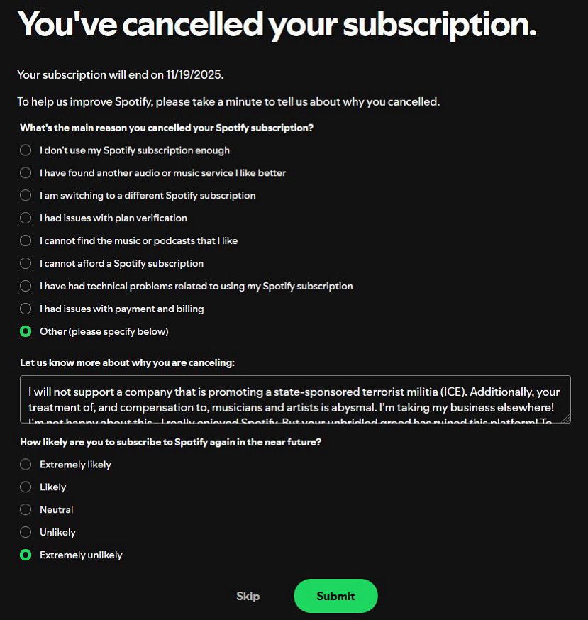 Screenshot of the Spotify cancellation page. The reason for cancellation is detailed in this post. The box for “extremely unlikely” to return to Spotify is checked.