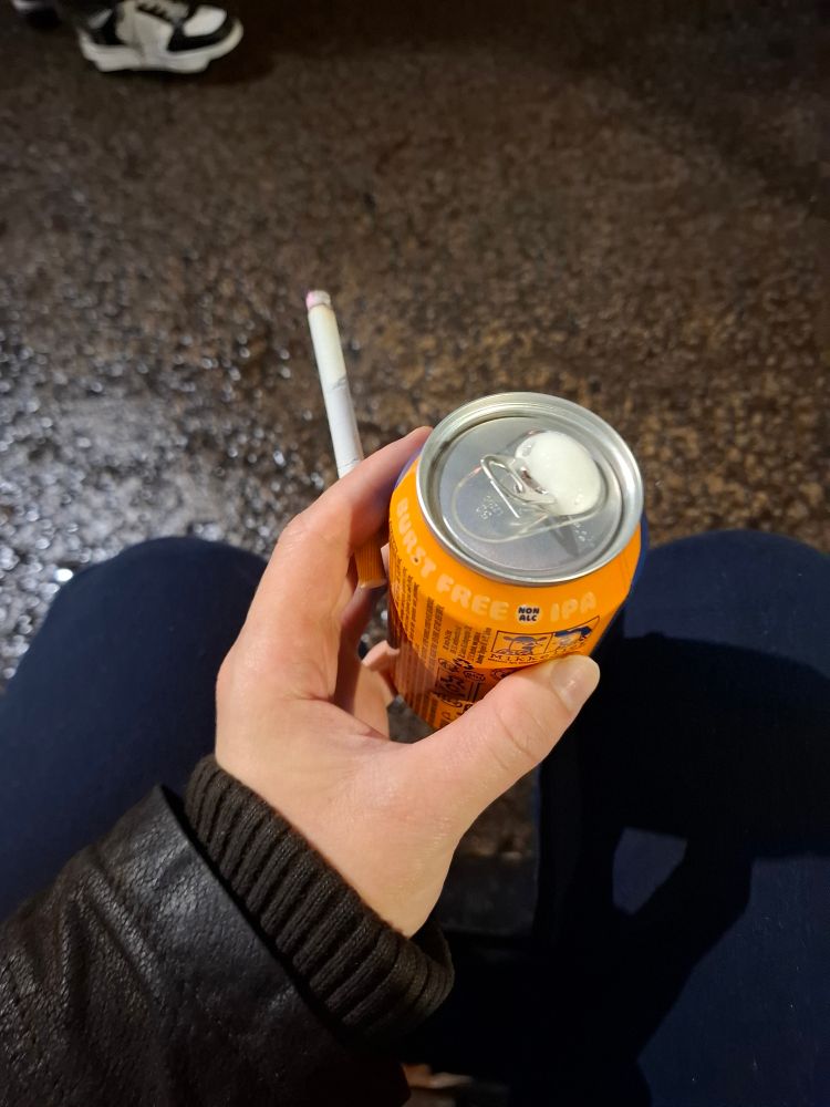Post club-shift non alc beer and a ciggy