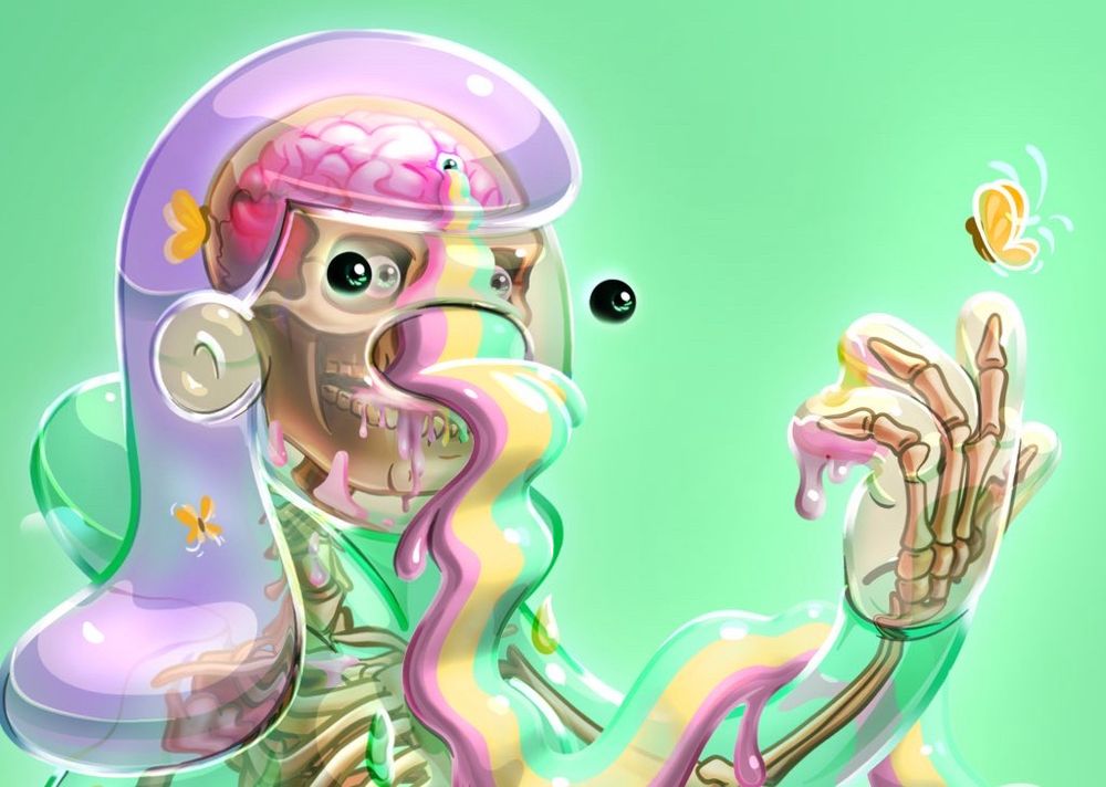 Drawing of a glass cartoon woman vomiting a rainbow while looking though her own hand to her skeleton. 