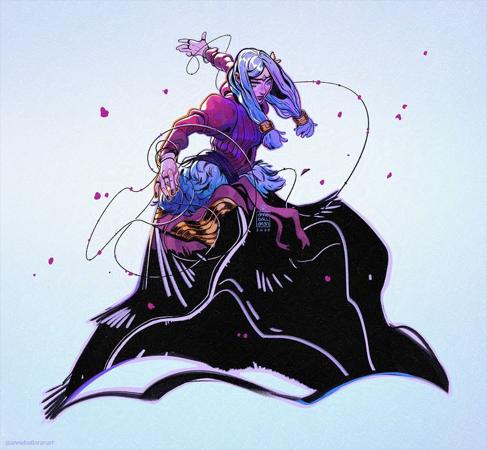 Digital painting of an elaborately dressed spellcaster dancing wildly and forming shapes with string.