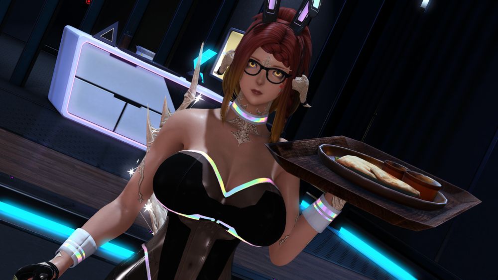 Ru dressed as a bunny serving 