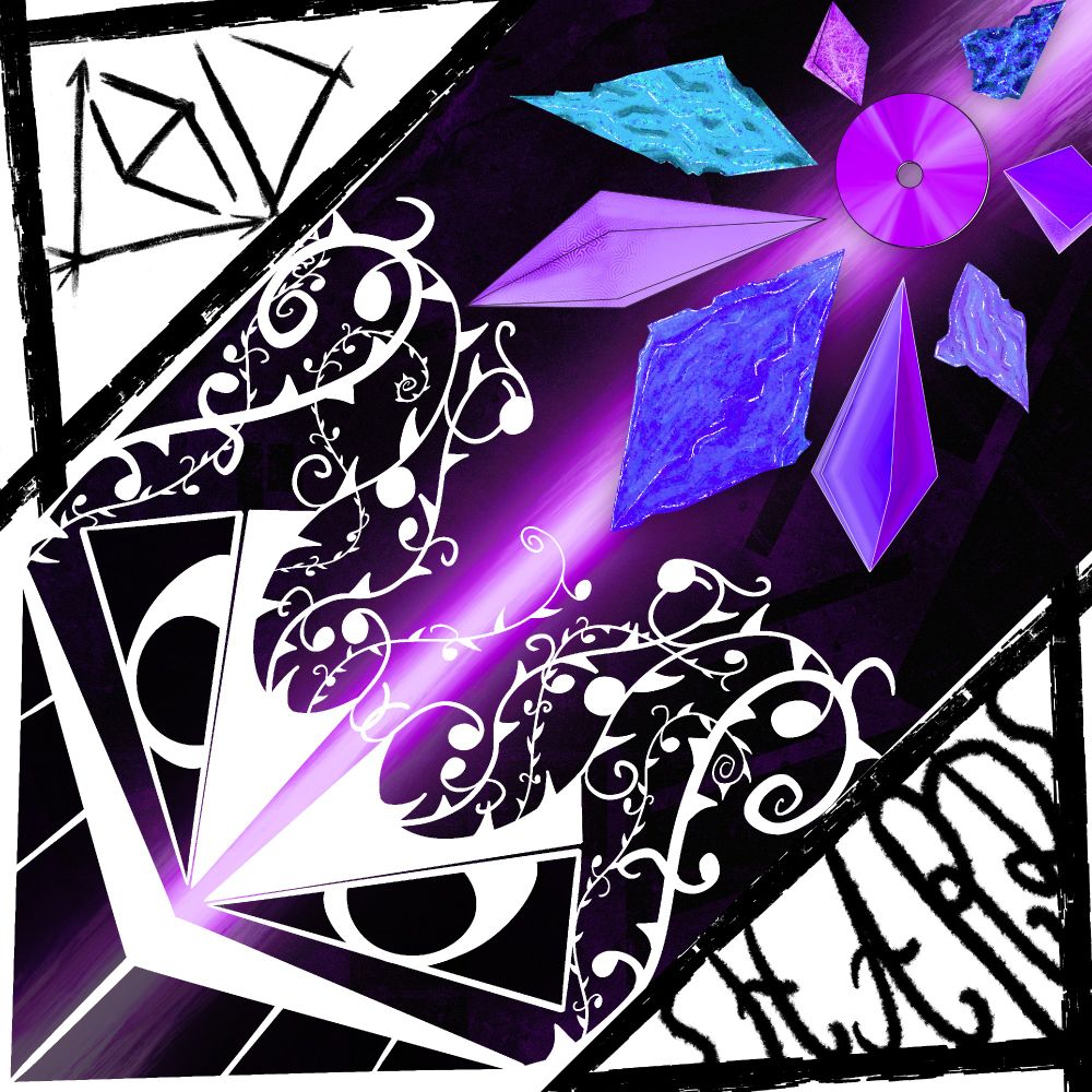 Alt text : Dans les coins blancs, est écrit en noir Chu Shards. Au centre, on voit une figure blanche et noir pleine de ronces musicales face à un CD envoyant 8 éclats, tantôt géométrique tantôt crystallisés. Le CD est violet et ses éclats bleus, turquoises et violets. Dans le fond, un genre de faisceau violent se propage. 