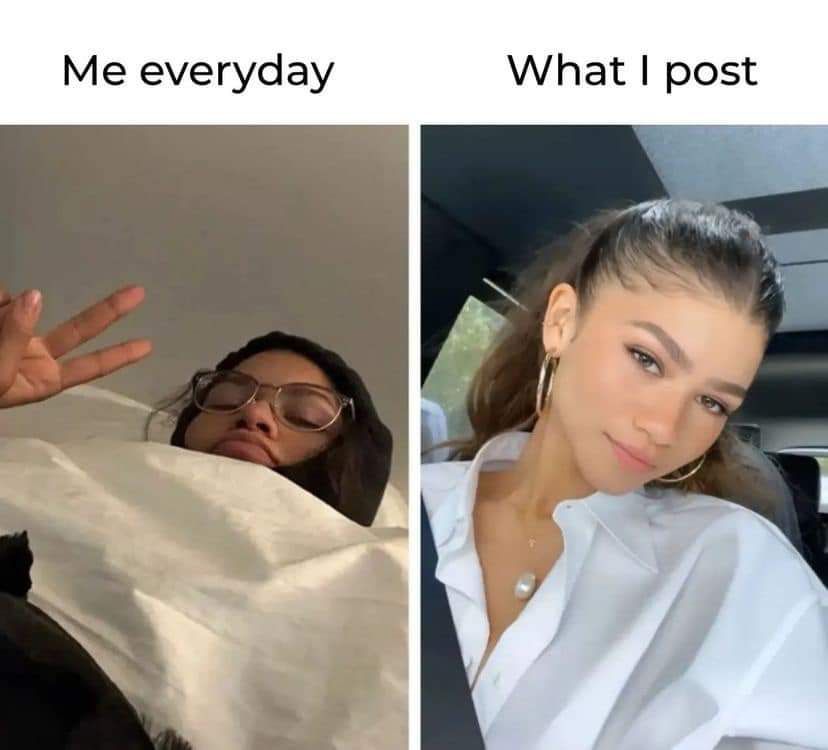Zendaya deitada escrito em cima: me everyday, do lado Zendaya arrumada e em cima escrito: what i post