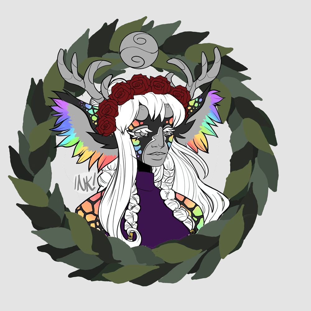 A fantasy OC girl with deer antlers and large furry ears. She has dark fine fur with soft rainbow spots similar to giraffe reticulation. Her hair is white. She has silver eyes, and silver gems on her forehead, and a silver gem floats over her head between her antlers. Braids fall foreward over her shoulders, she wears a high necked sleeveless purple top, and a rose crown. She's framed with laurel leaves in a wreath.