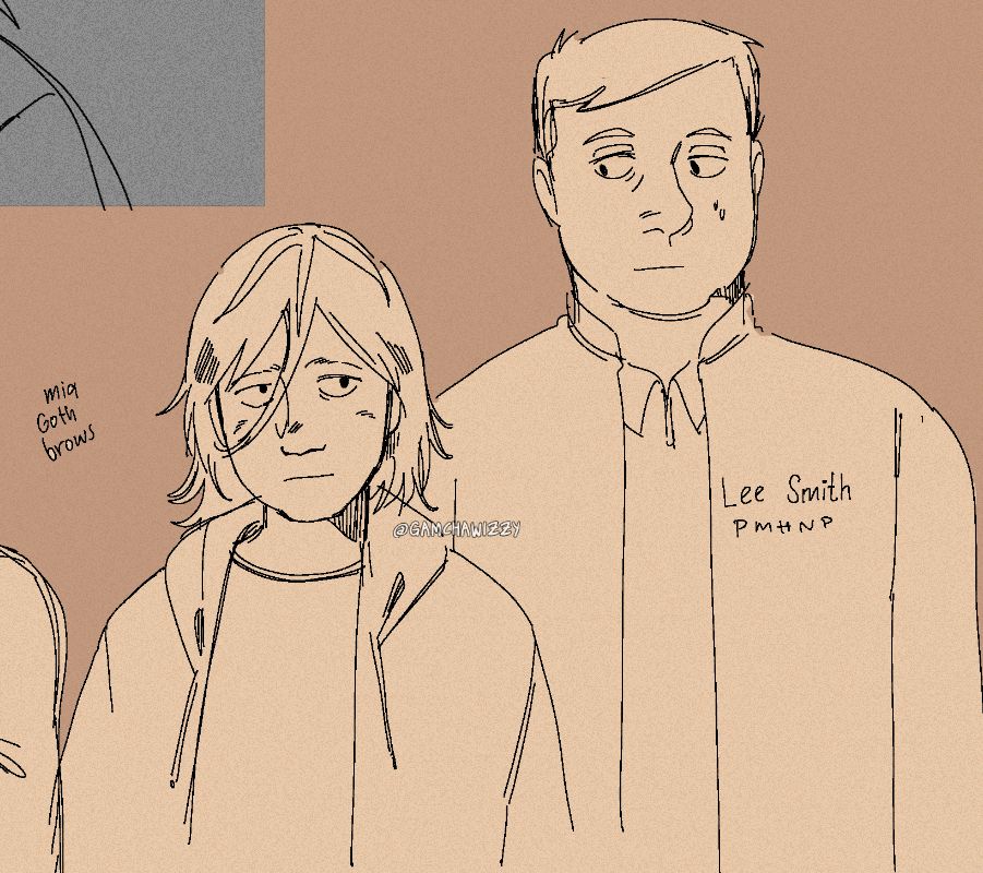 sketch of angel and lee from the game "clinical trial". they have neutral front facing expressions while looking at each other.