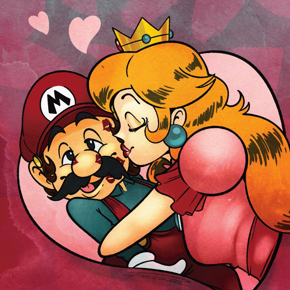 A drawing of Mario and Peach sharing a cute kiss, Mario having visible kiss marks over his left side of face.