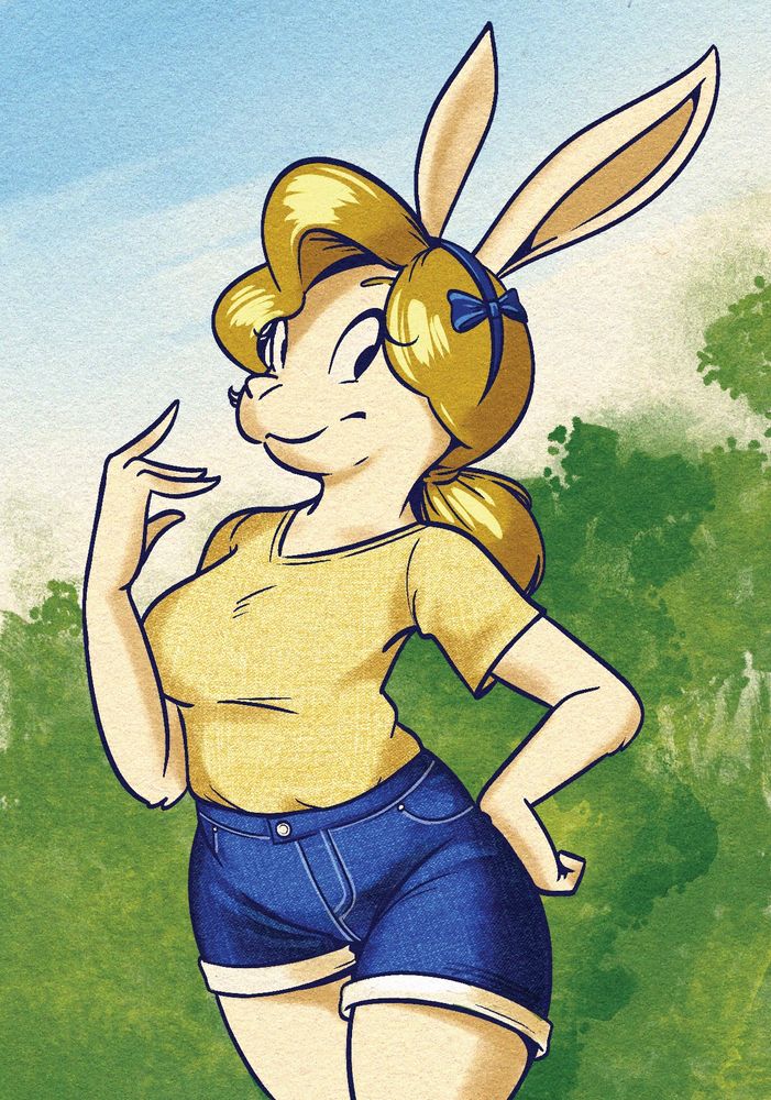 A drawing of a blonde rabbit lady in front of a bush.
