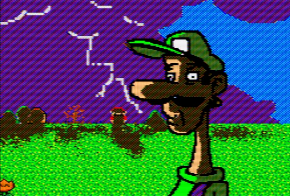 A bad Mario Paint drawing of Luigi looking concerned at the camera, as the silhouette of Mario can be seen in the distance accompanied by stormy clouds.