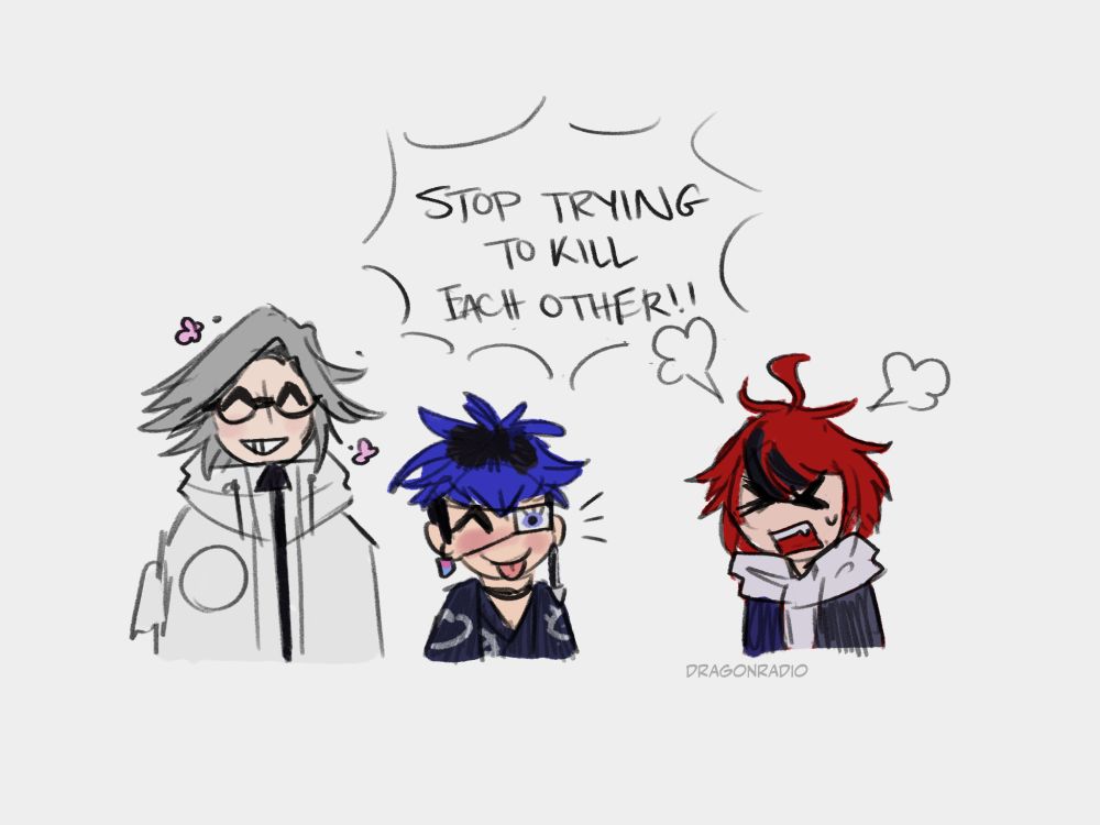 The aftermath of the first image. Eito and Yugamu look pleased with themselves while Takumi yells at them: "Stop trying to kill each other!!"